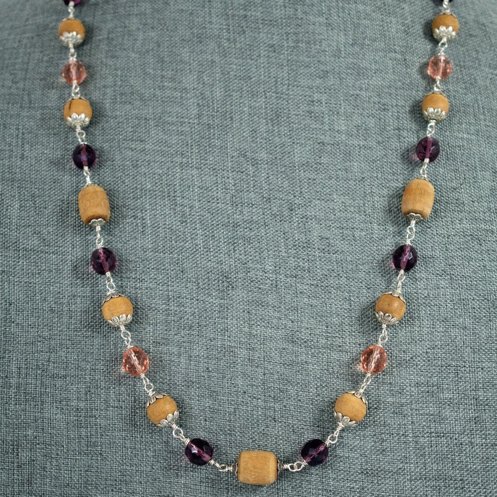 30 3/4" Natural  Tulasi Tulsi Rose Gold and Purple Glass Beads
